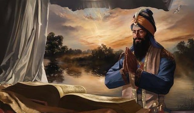 Guru Gobind Singh ji bowing down in front of Guru Granth Sahib ji