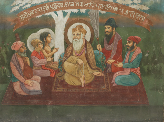 Painting of Guru Nanak seated beneath a tree with his two sons (Sri Chand and Lakhmi Das)